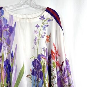Samira Kaftan Top White Purple Floral Iris Satin Asymmetrical Poncho Blouse